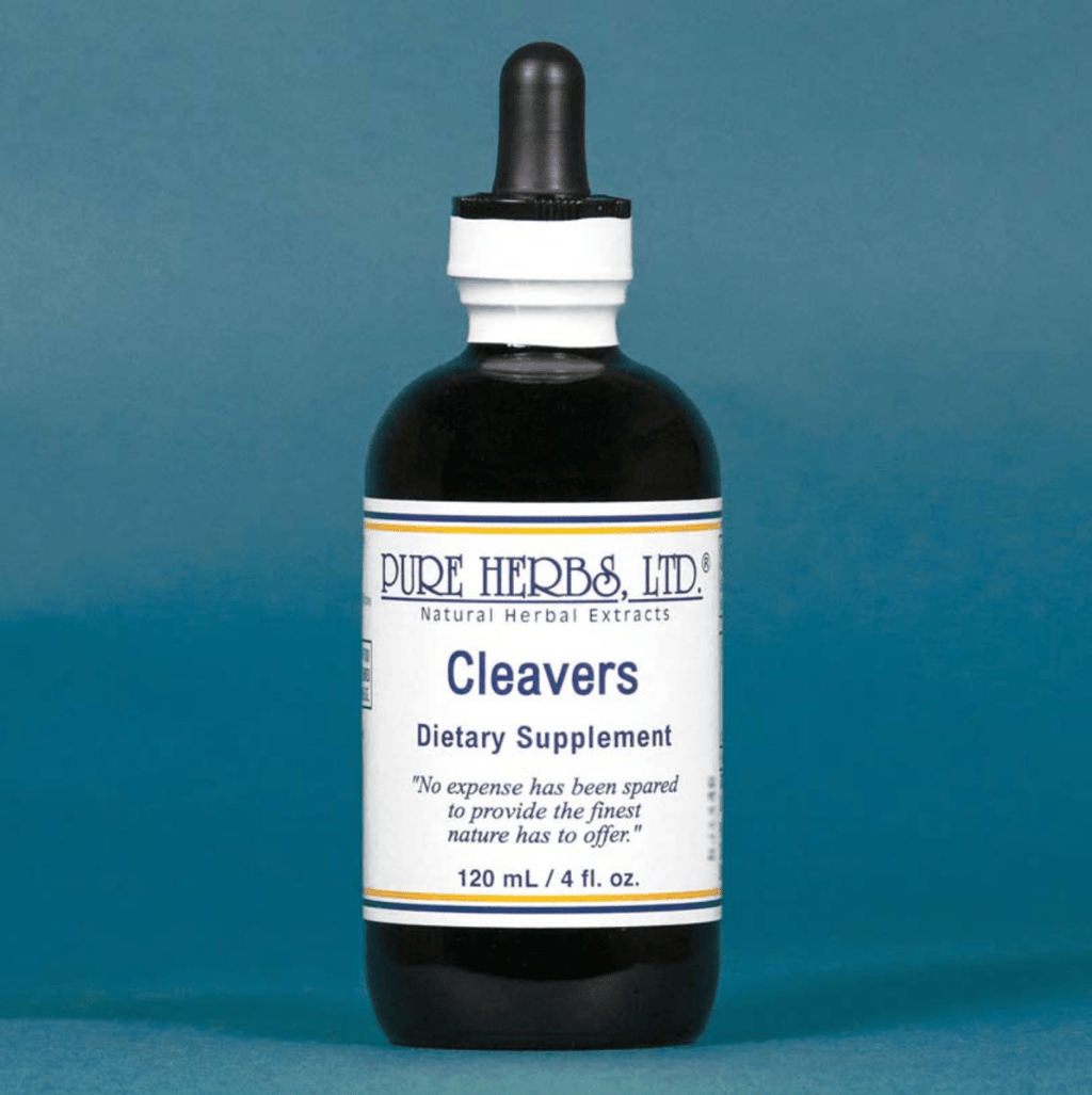 A 120 mL bottle of Pure Herbs Ltd. 'Cleavers' dietary supplement, featuring a dark amber glass bottle, white label, and black dropper cap, set against a solid teal-blue background.