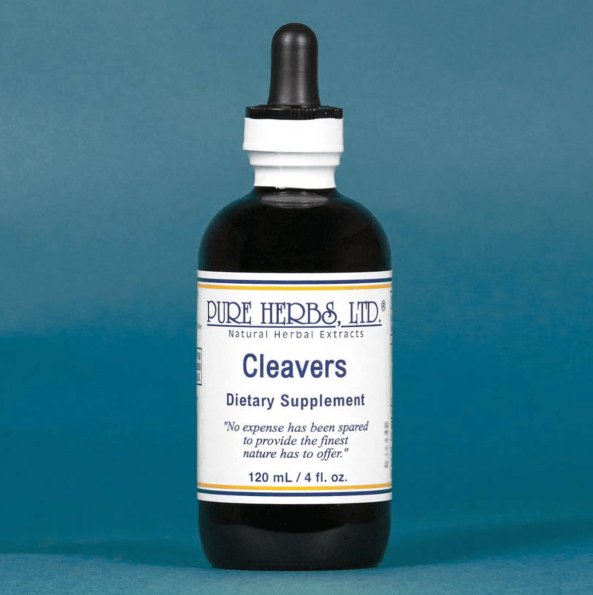 A 120 mL bottle of Pure Herbs Ltd. 'Cleavers' dietary supplement, featuring a dark amber glass bottle, white label, and black dropper cap, set against a solid teal-blue background.