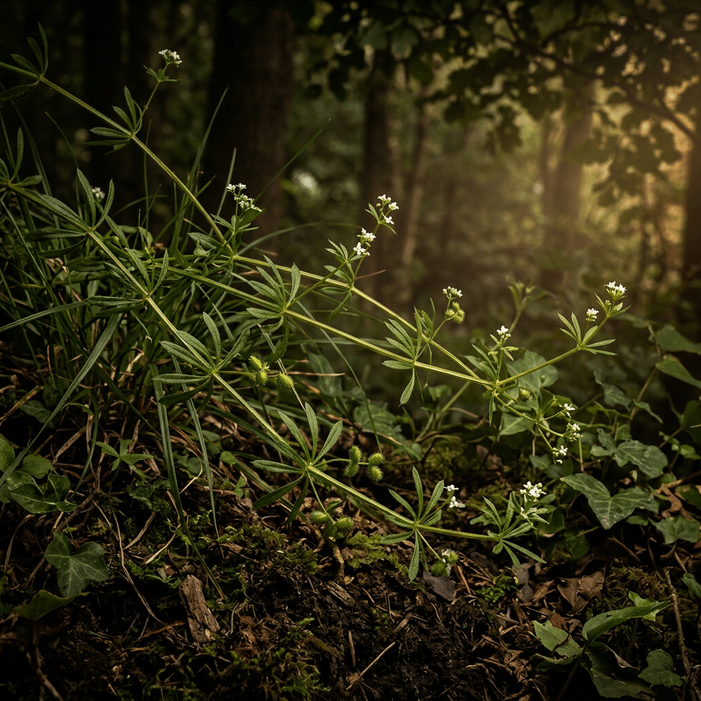 Cleavers growing naturally at a moody woodland edge
