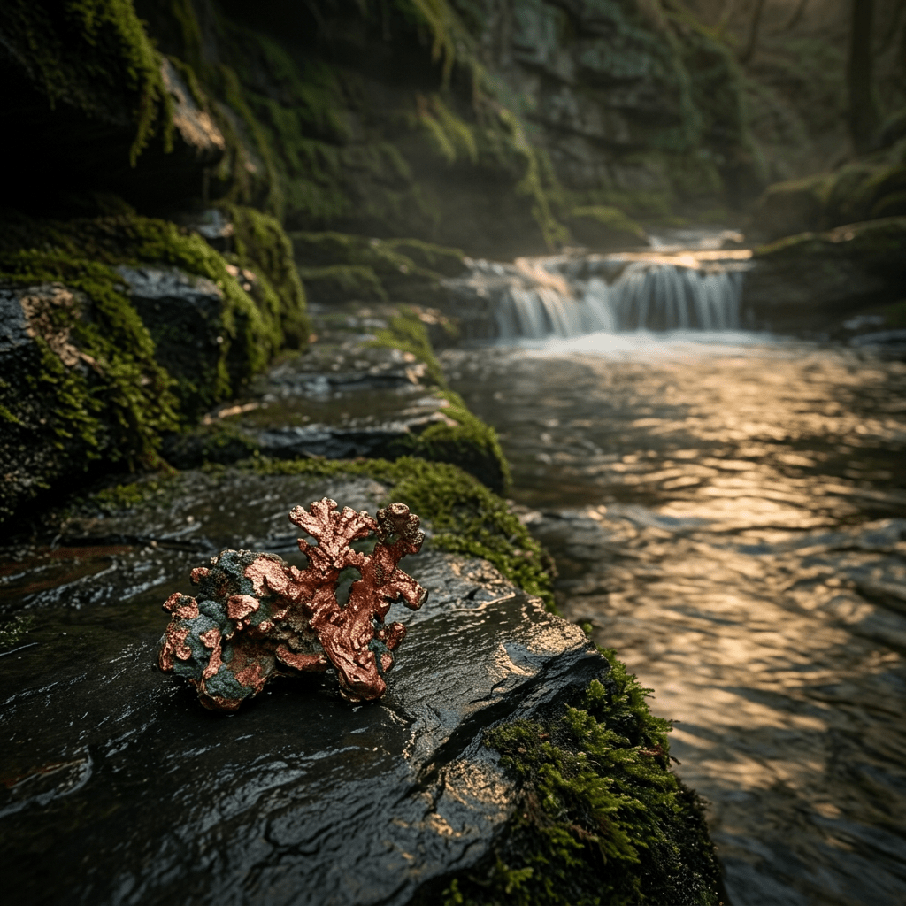 Copper-inspired still life beside a shaded stream