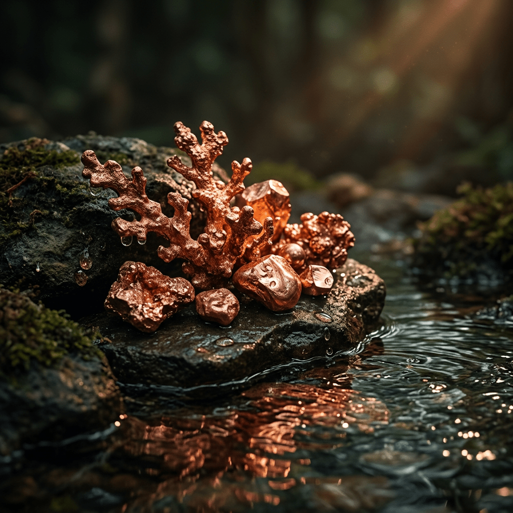 Copper-inspired forms beside water in a moody natural setting