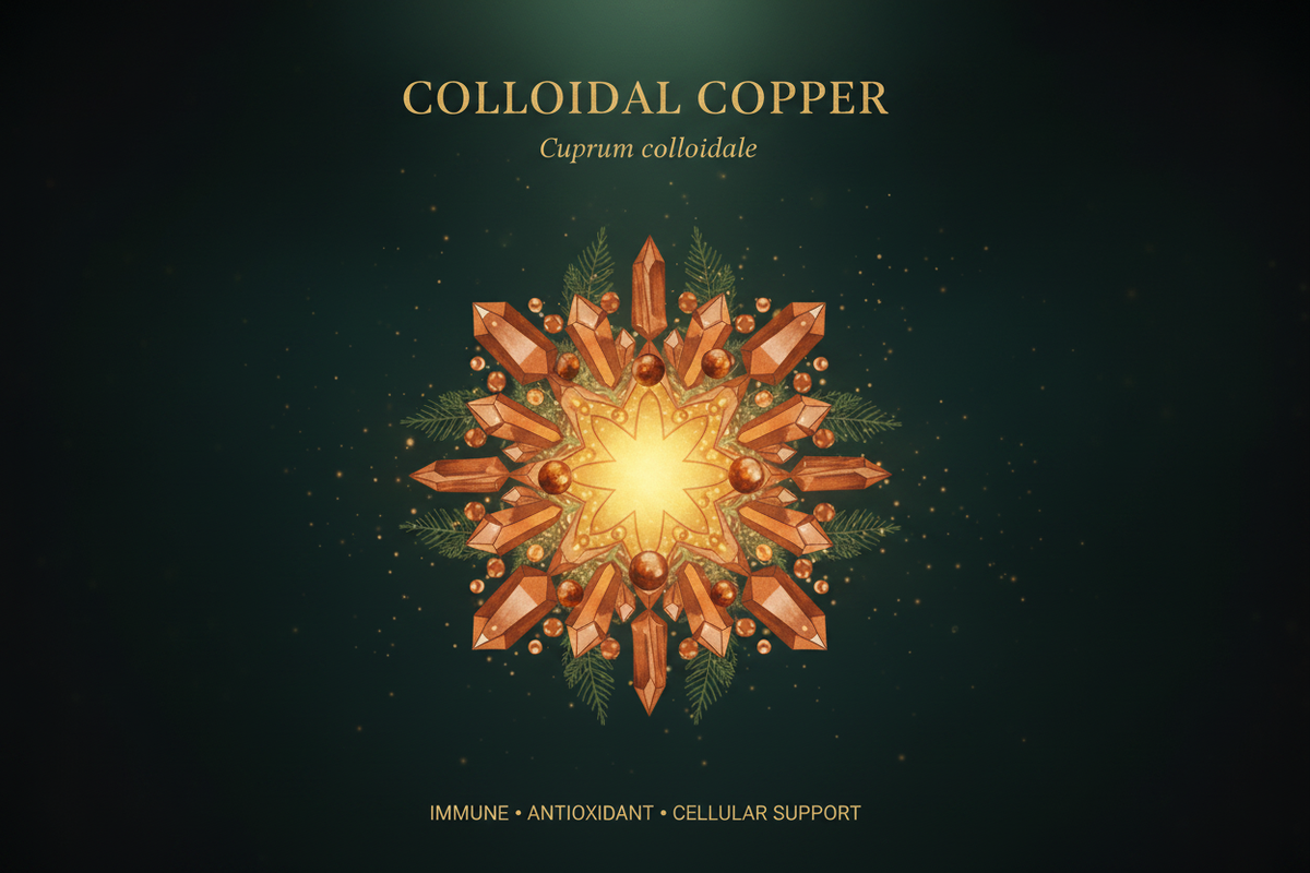 A decorative graphic for colloidal copper (cuprum colloidalum) featuring a central glowing gold and copper crystal mandala on a dark green background with text reading 'COLLOIDAL COPPER' and 'IMMUNE • ANTIOXIDANT • CELLULAR SUPPORT'.