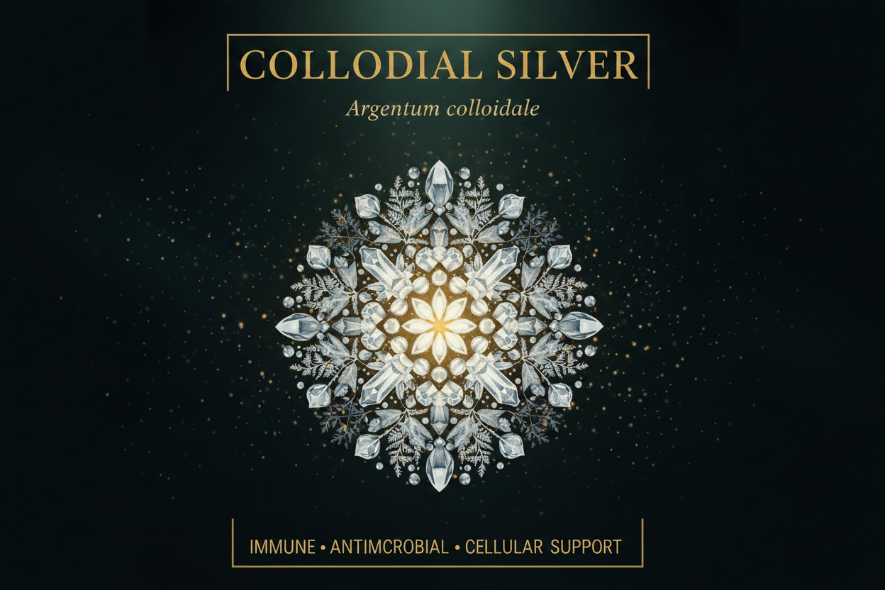 A decorative promotional graphic for 'COLLODIAL SILVER' with a central snowflake-like silver crystal design on a dark background. The text reads 'COLLODIAL SILVER', 'Argentum colloide', and 'IMMUNE • ANTIMCROBIAL • CELLULAR SUPPORT'.