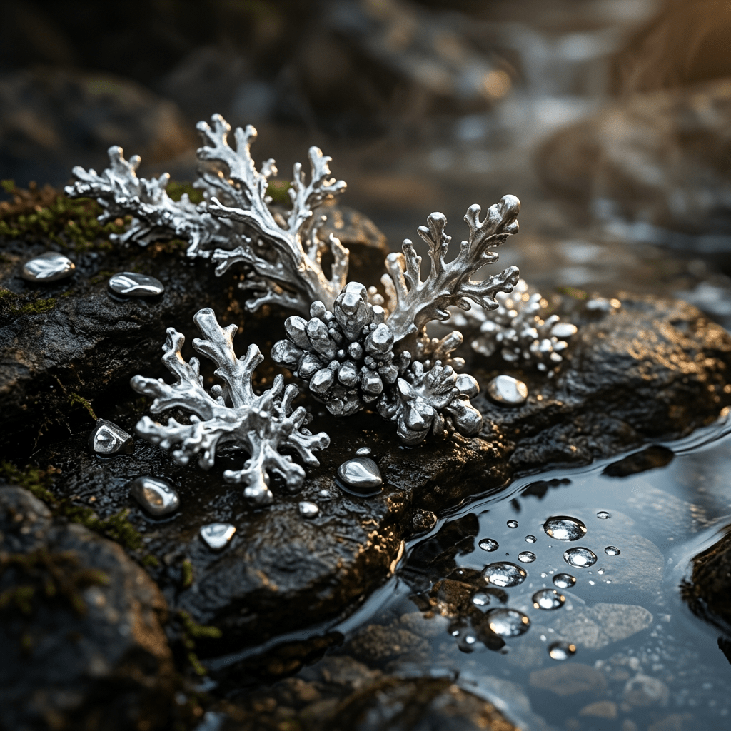 Silver-inspired forms beside water in a moody natural setting