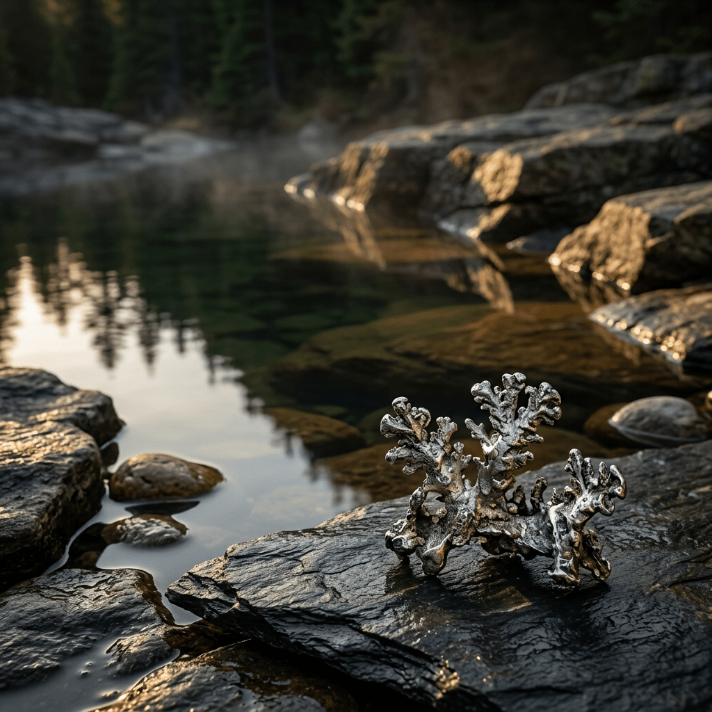 Silver-inspired mineral scene beside a mountain pool