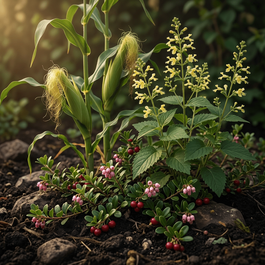 Cornsilk, stone root, and uva ursi in a moody garden scene