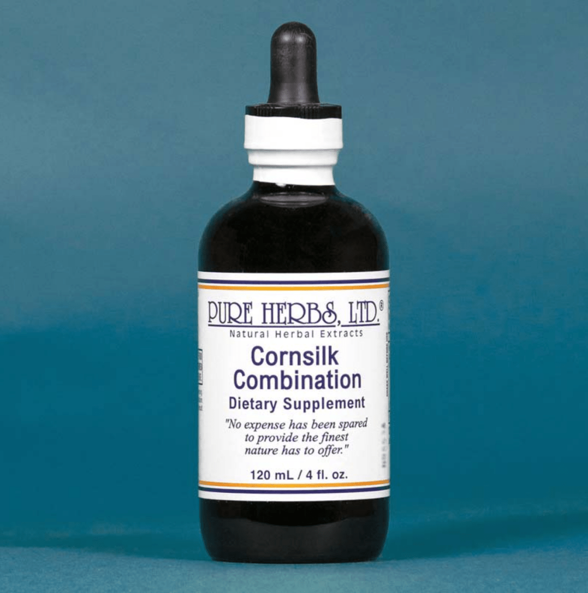 A bottle of Pure Herbs Ltd. Cornsilk Combination dietary supplement, featuring a dark amber glass bottle with a white and black dropper cap, set against a solid teal-blue background.