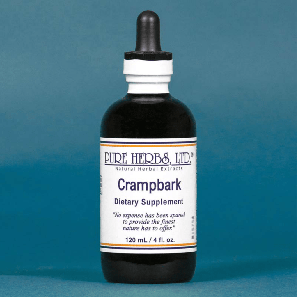 A 120 mL bottle of Pure Herbs Ltd. Crampbark dietary supplement, featuring a dark amber glass bottle with a black dropper cap and a white label, set against a solid blue background.
