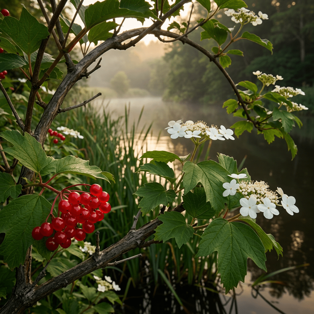 Crampbark beside a misty river bend