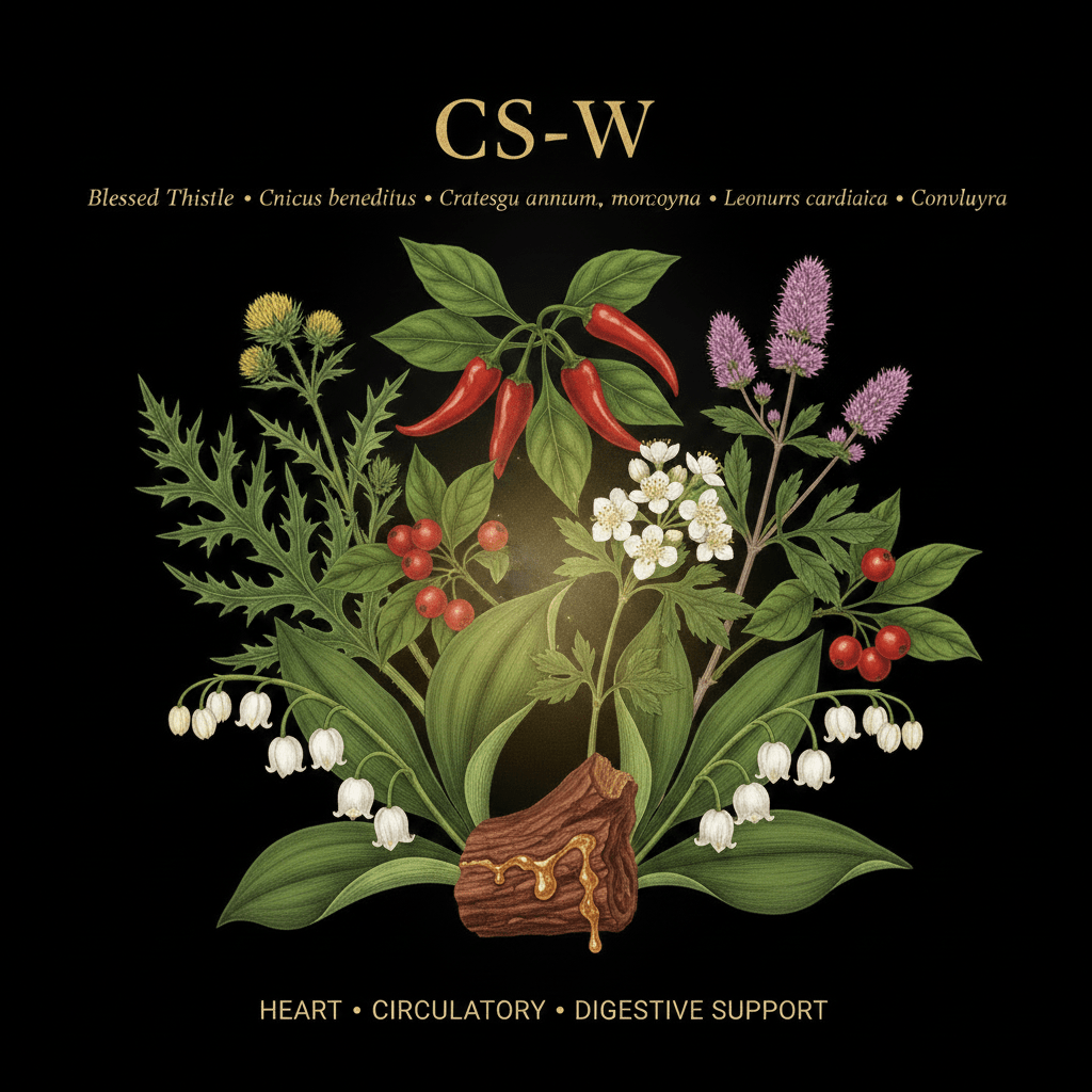 CS-W – Heart, Circulatory & Digestive Support | Blessed Thistle, Capsicum, Hawthorn, Motherwort, Myrrh & Lily of the Valley, Tincture, Futures ETC