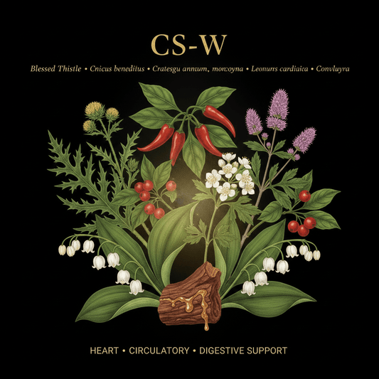 CS-W – Heart, Circulatory & Digestive Support | Blessed Thistle, Capsicum, Hawthorn, Motherwort, Myrrh & Lily of the Valley, Tincture, Futures ETC