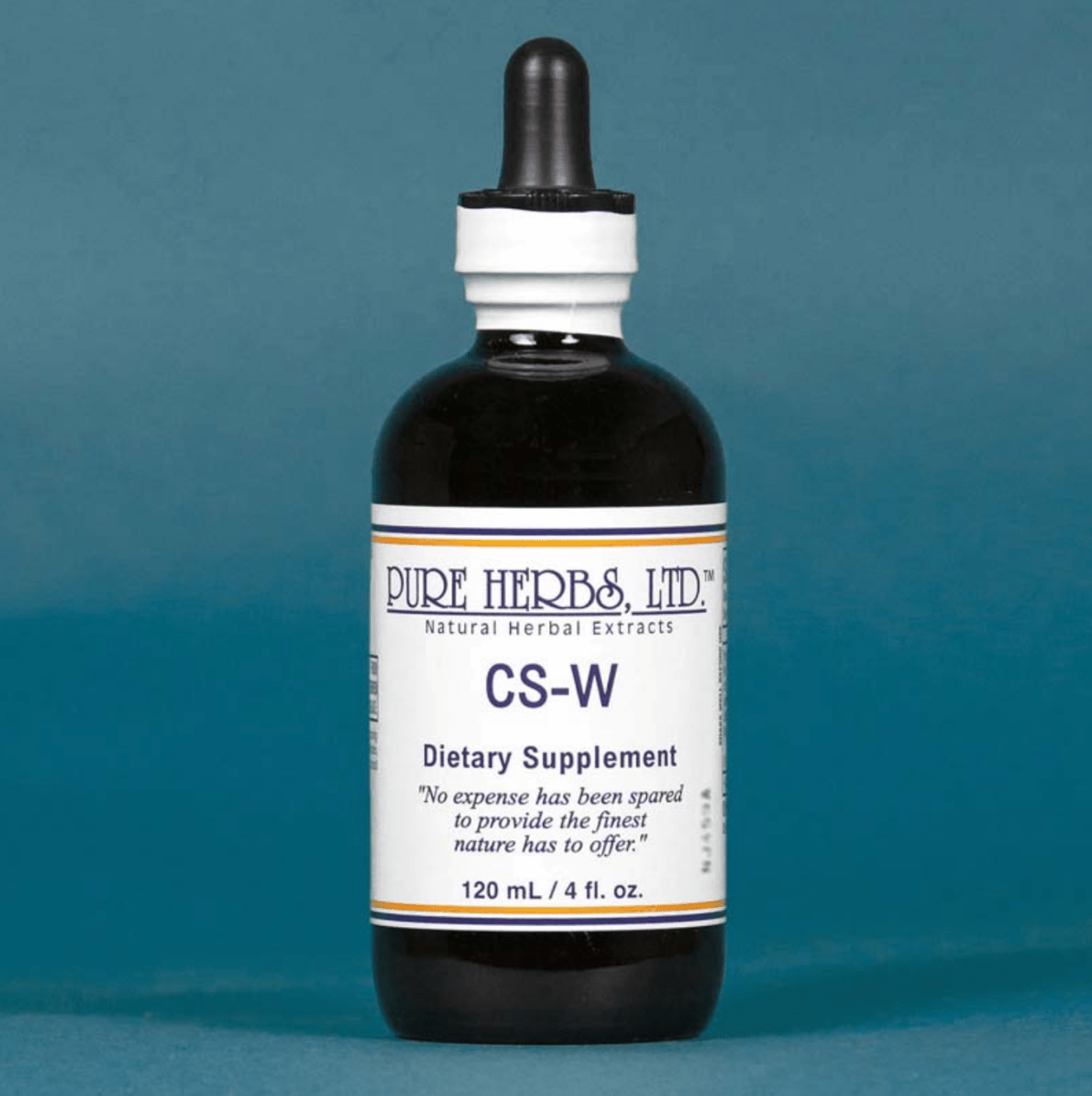 A dark amber glass dropper bottle of Pure Herbs Ltd. CS-W dietary supplement, featuring a white label with blue and orange text, set against a solid slate blue background.