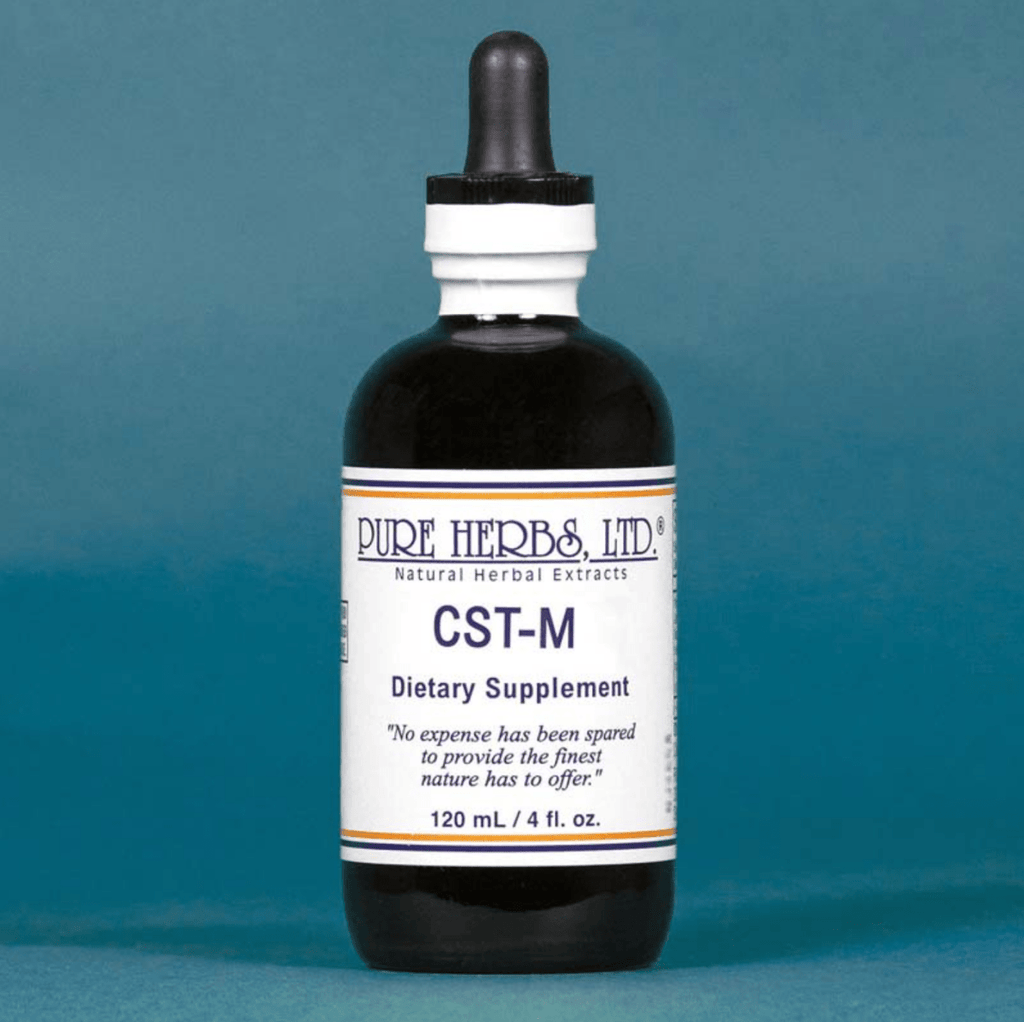 A dark amber glass dropper bottle of Pure Herbs, Ltd. CST-M Dietary Supplement, featuring a white label with blue text, set against a solid teal-blue background.