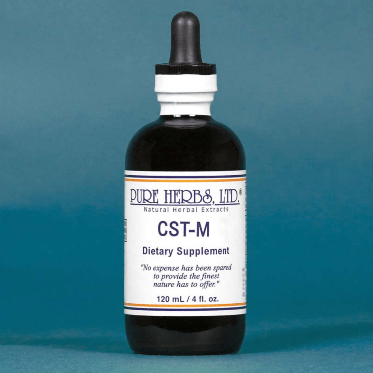 A dark amber glass dropper bottle of Pure Herbs, Ltd. CST-M Dietary Supplement, featuring a white label with blue text, set against a solid teal-blue background.