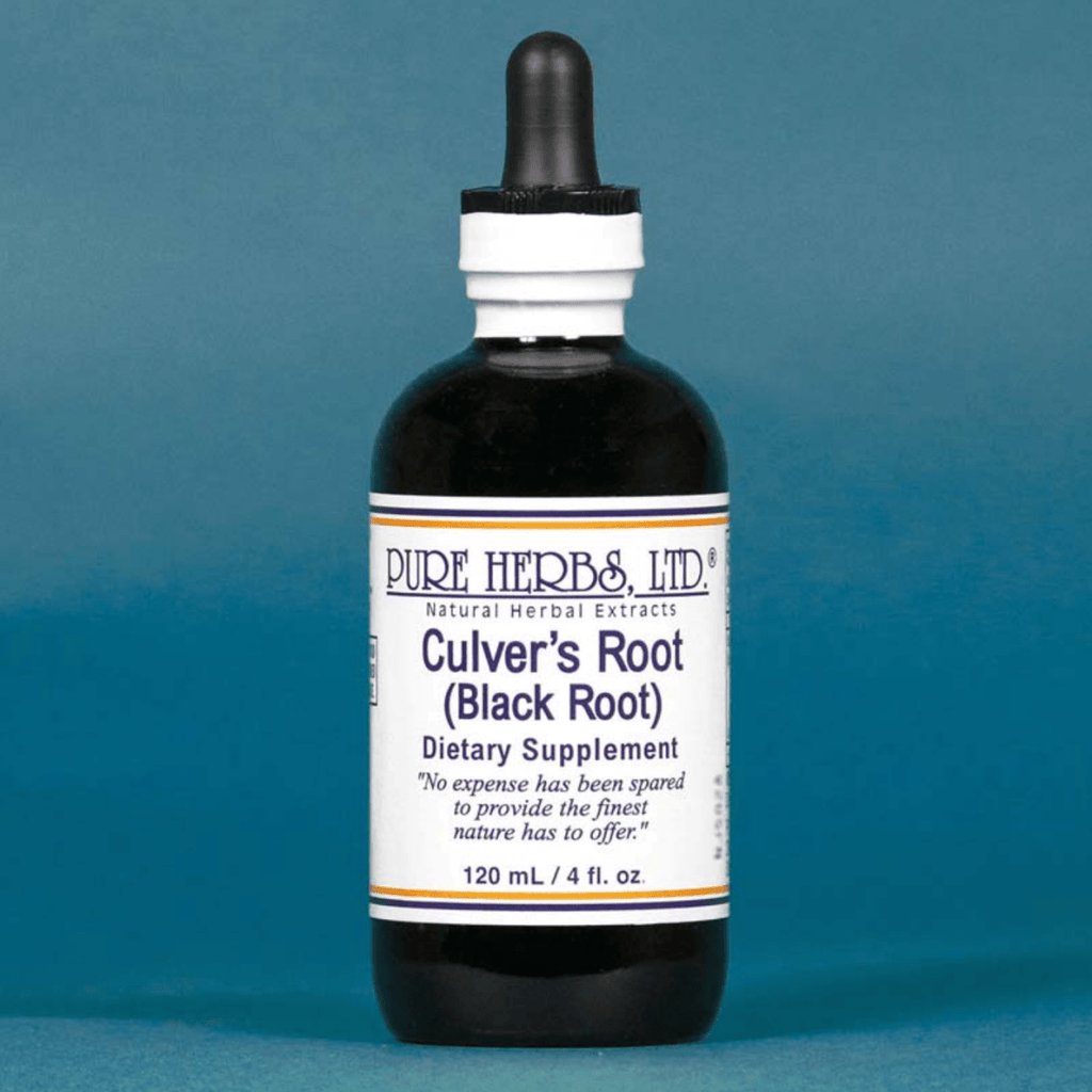 A 120 mL bottle of Pure Herbs, Ltd. Culver's Root (Black Root) dietary supplement, featuring a dark amber glass bottle, white label, and black dropper cap, set against a solid blue background.