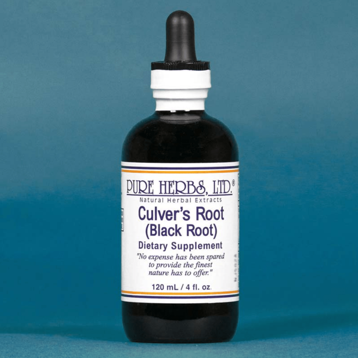 A 120 mL bottle of Pure Herbs, Ltd. Culver's Root (Black Root) dietary supplement, featuring a dark amber glass bottle, white label, and black dropper cap, set against a solid blue background.