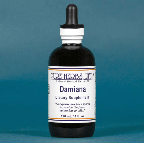 A 120 mL bottle of Pure Herbs Ltd. Damiana dietary supplement, featuring a dark amber glass bottle, black dropper cap, and a white label with blue text, set against a solid teal-blue background.