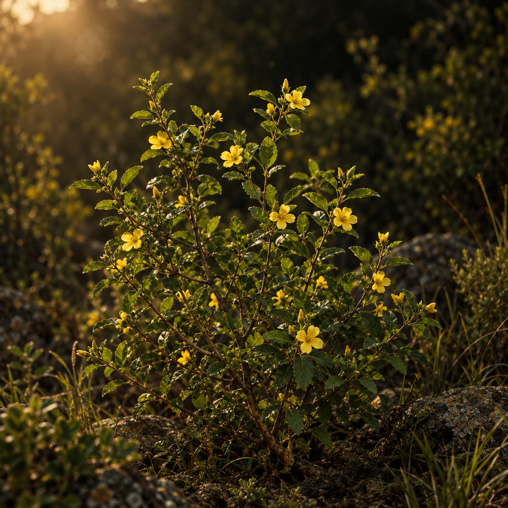Damiana growing naturally in a moody herb garden