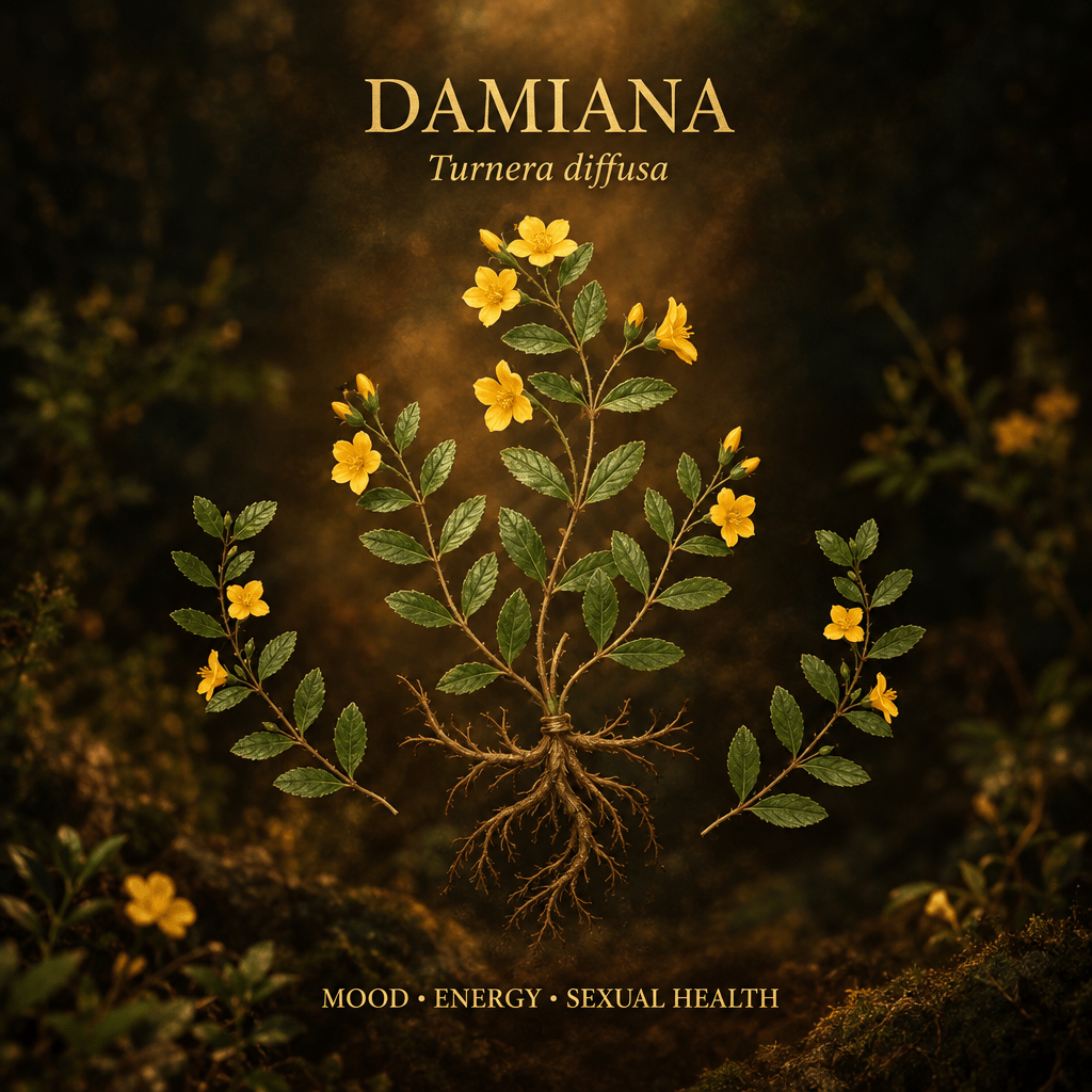 Damiana botanical editorial image with gold serif text