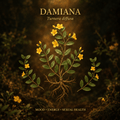 Damiana botanical editorial image with gold serif text