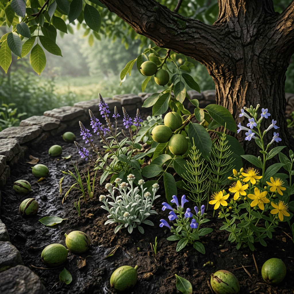 DAN-C botanicals beneath a walnut canopy