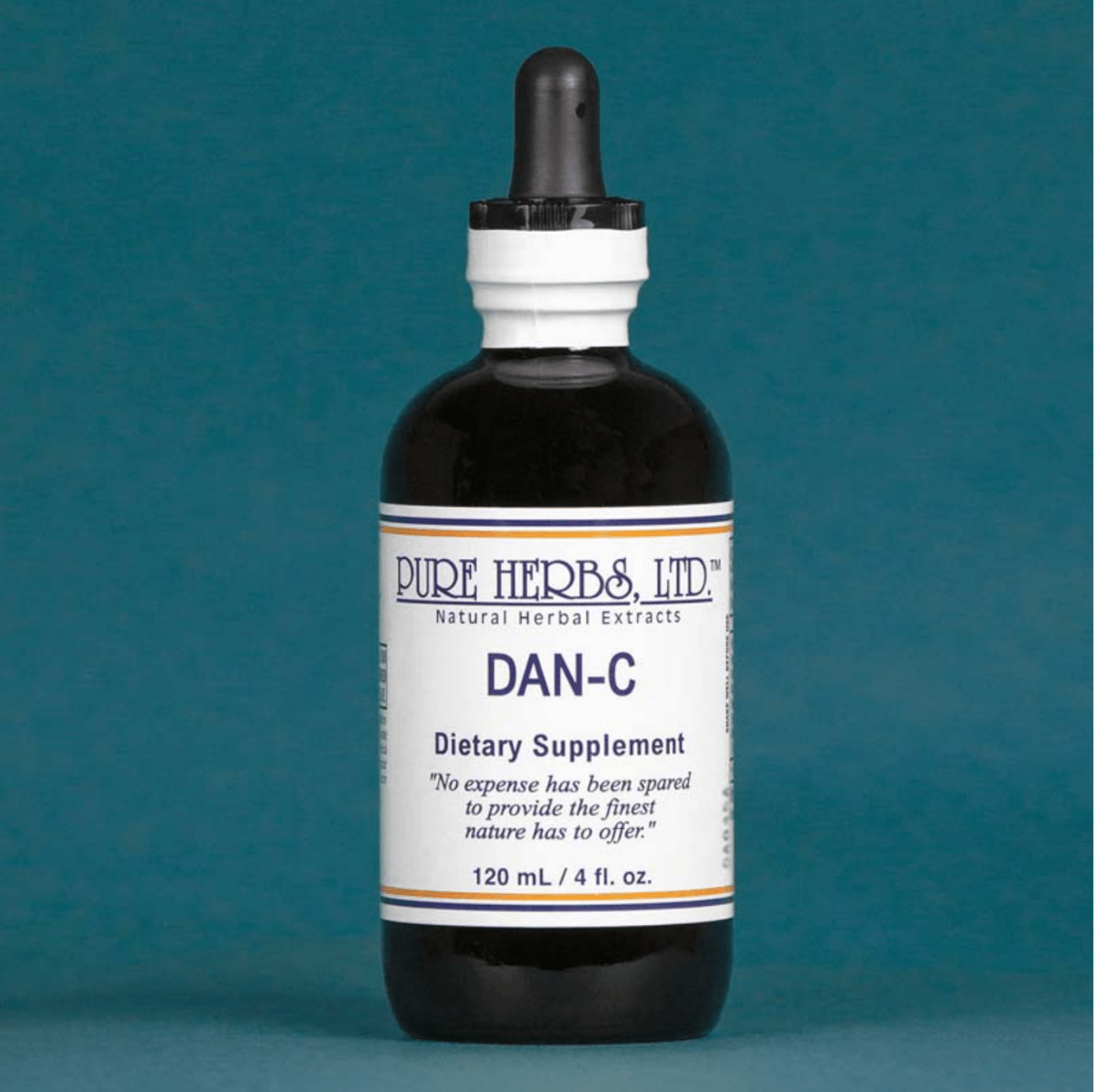 A dark amber glass dropper bottle of Pure Herbs, Ltd. DAN-C dietary supplement, featuring a white label with blue text and a black dropper cap, set against a solid teal background.