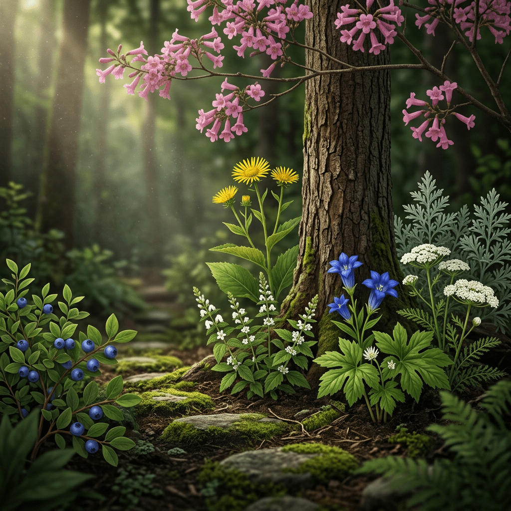 DB8-W botanicals in a woodland garden clearing