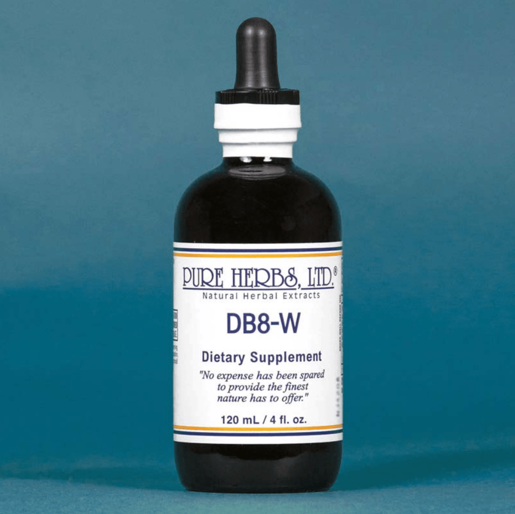 A 120 mL dark amber glass dropper bottle of Pure Herbs Ltd. DB8-W dietary supplement, featuring a white label and black dropper cap, set against a solid blue background.