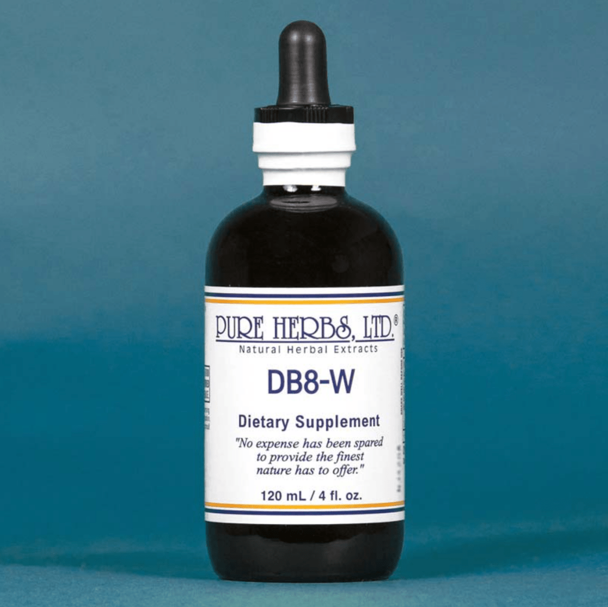 A 120 mL dark amber glass dropper bottle of Pure Herbs Ltd. DB8-W dietary supplement, featuring a white label and black dropper cap, set against a solid blue background.