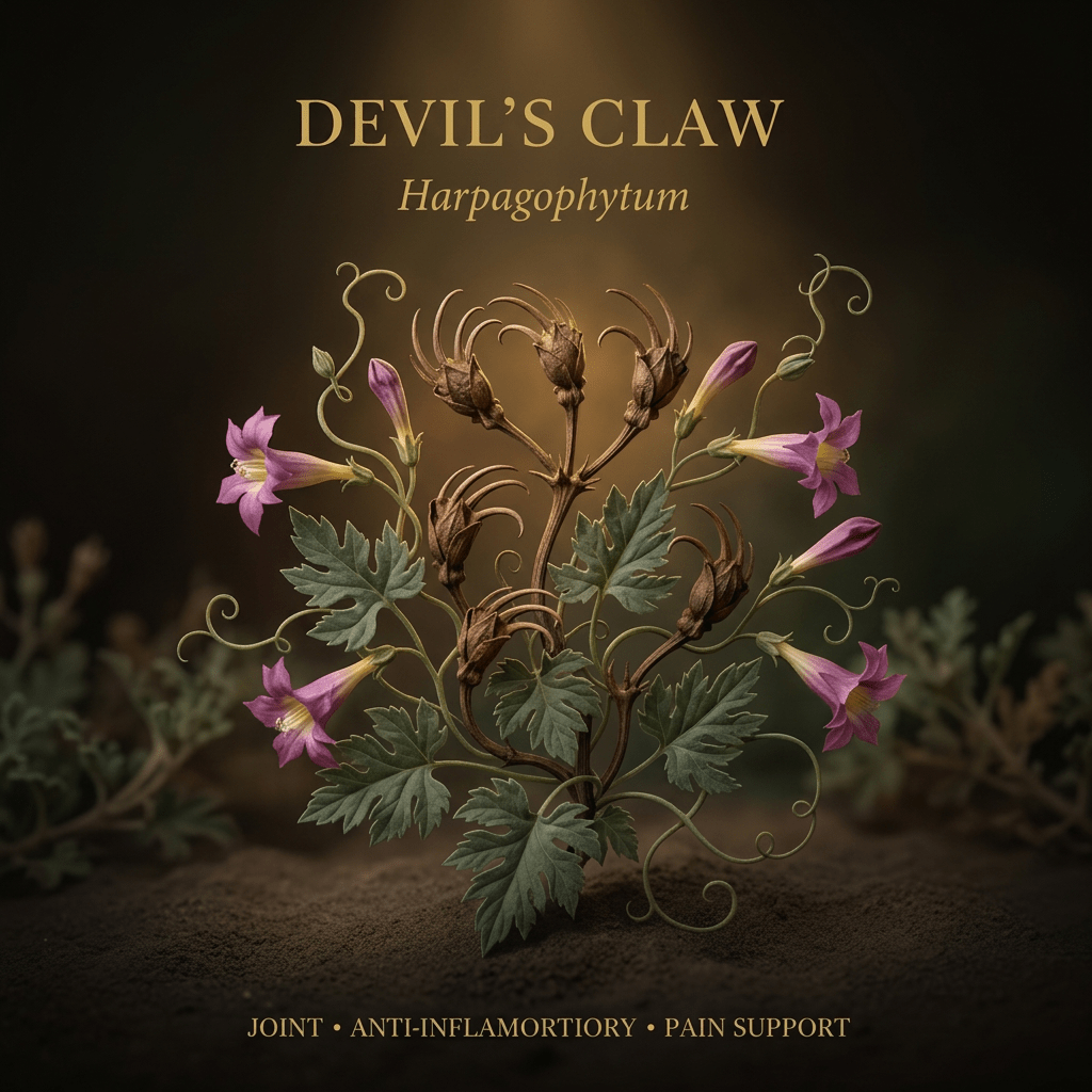 Devil’s claw botanical editorial image with gold serif text