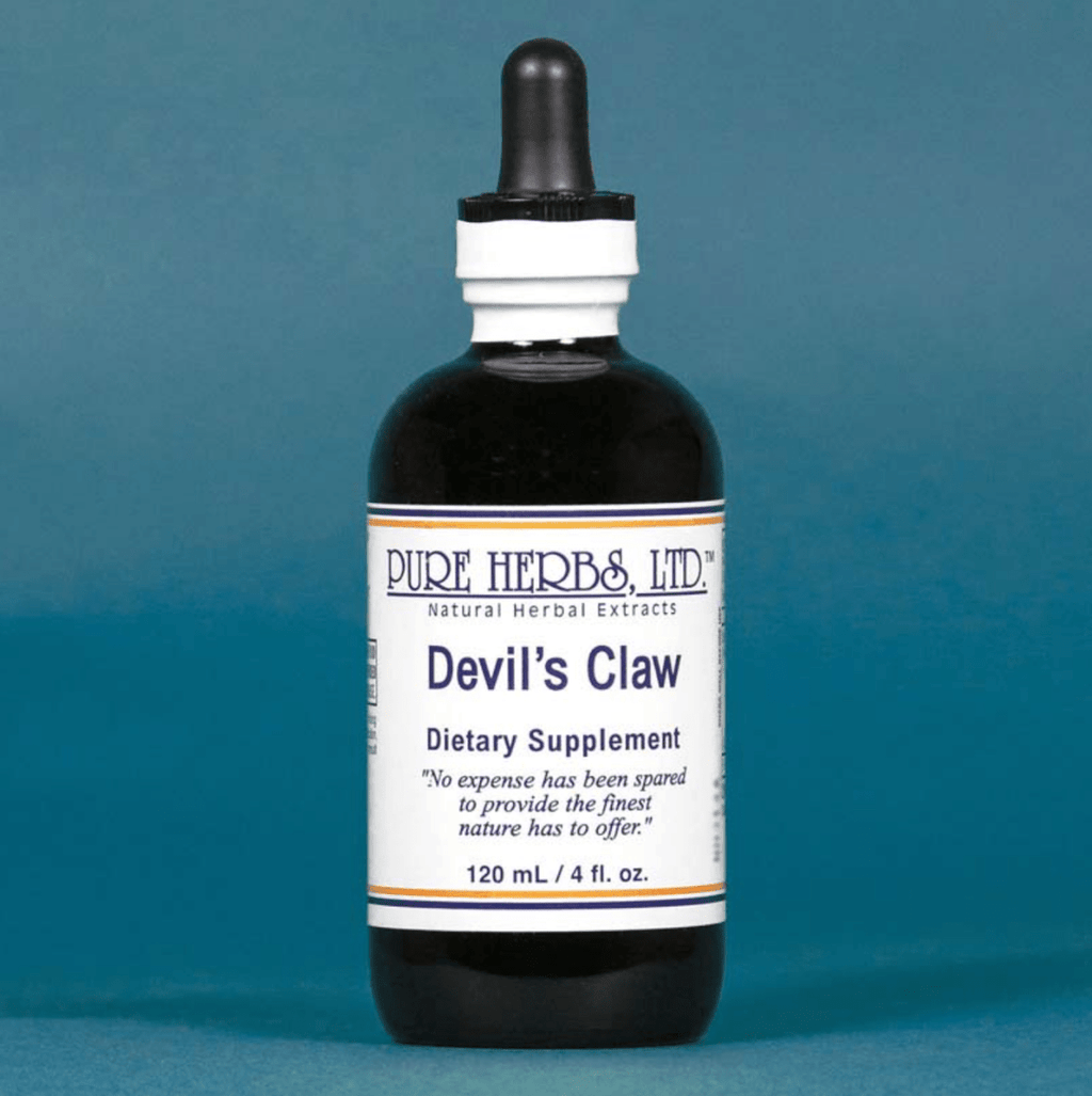 A bottle of Pure Herbs, Ltd. Devil's Claw dietary supplement, featuring a dark amber glass bottle with a black dropper cap and a white label, set against a solid blue background.