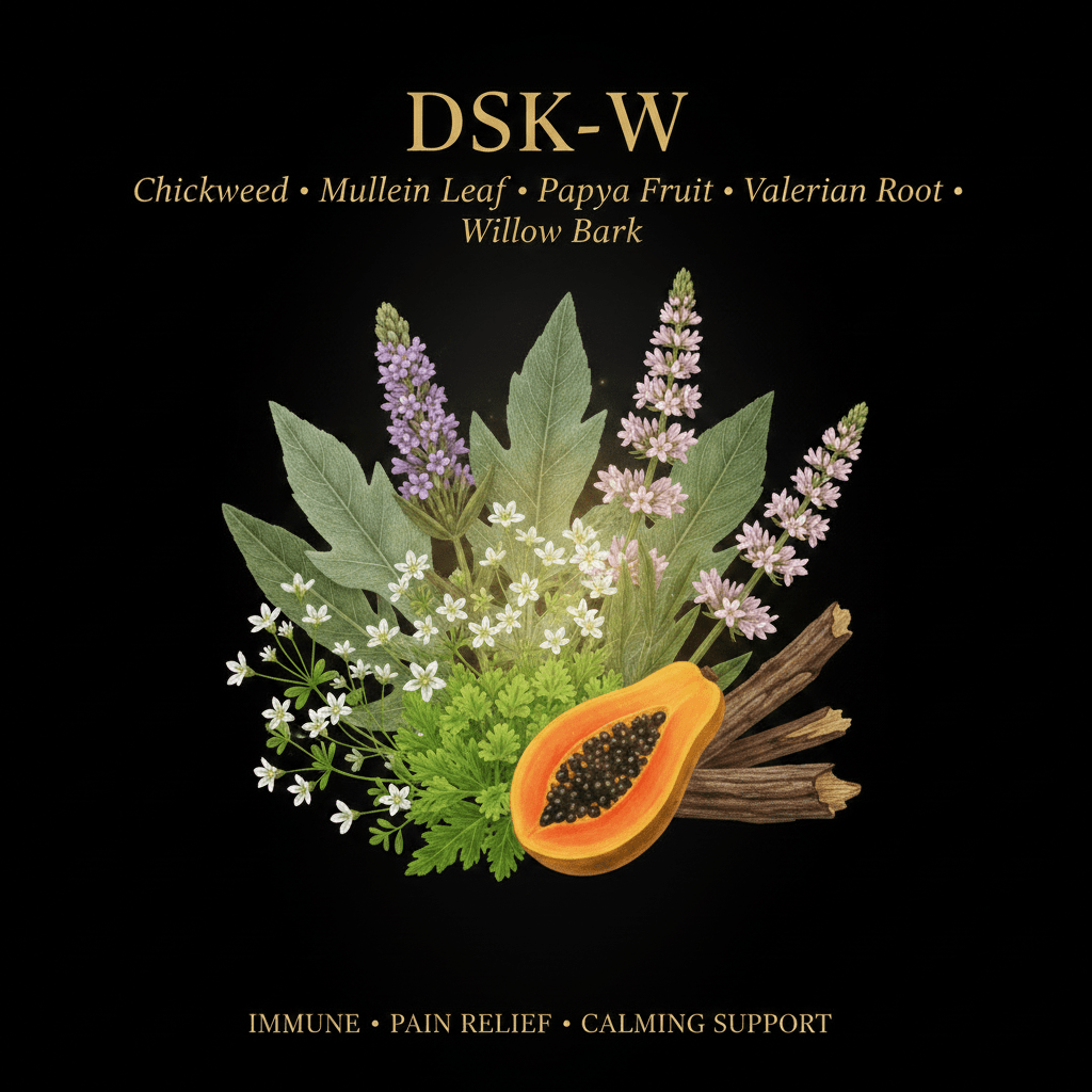 DSK - W – Immune, Pain Relief & Calming Support | Chickweed, Mullein Leaf, Papaya Fruit, Valerian Root & Willow Bark, Tincture, Futures ETC