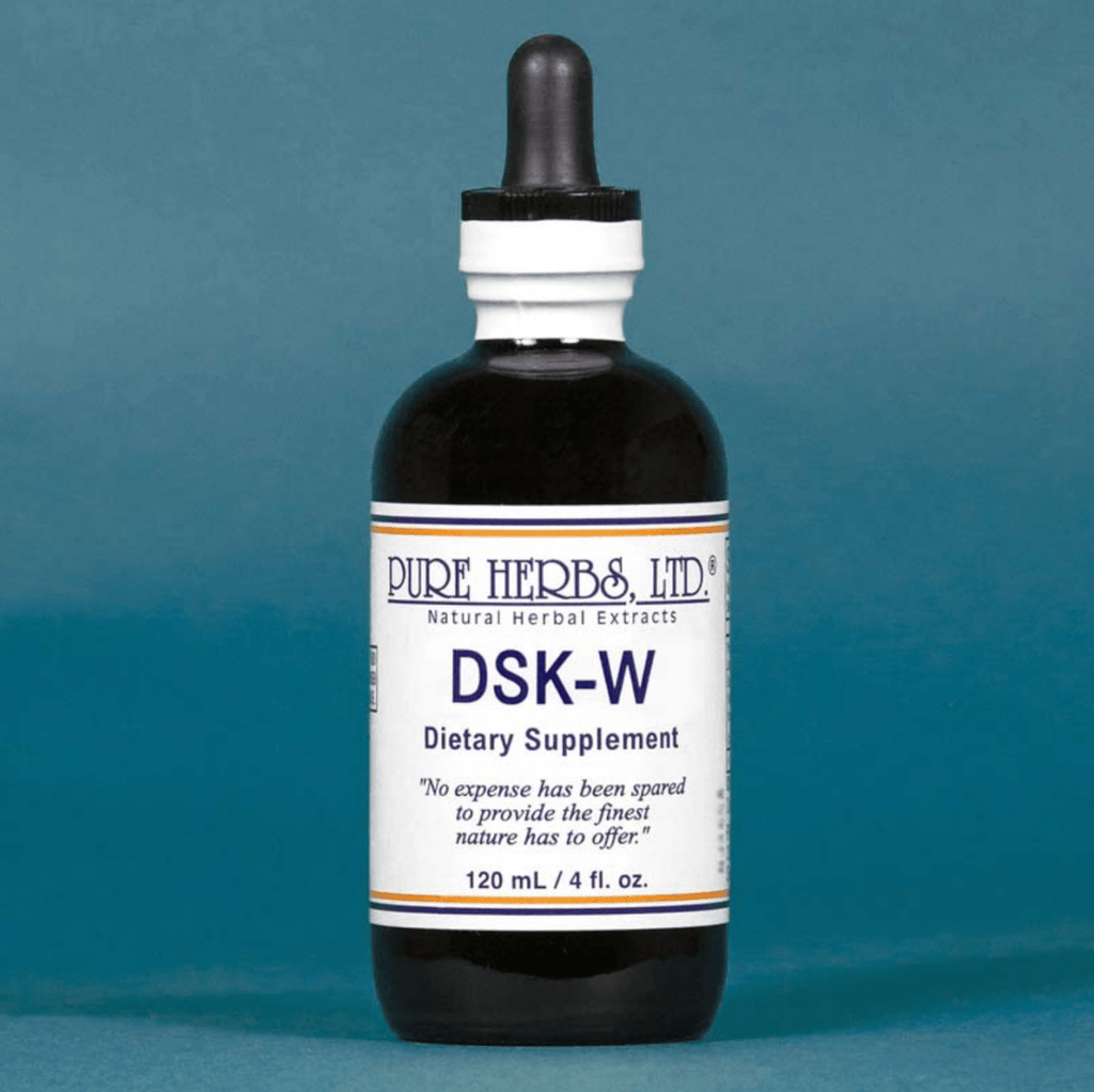 A dark amber glass dropper bottle of Pure Herbs Ltd. DSK-W dietary supplement, featuring a white label with blue text, set against a solid slate blue background.