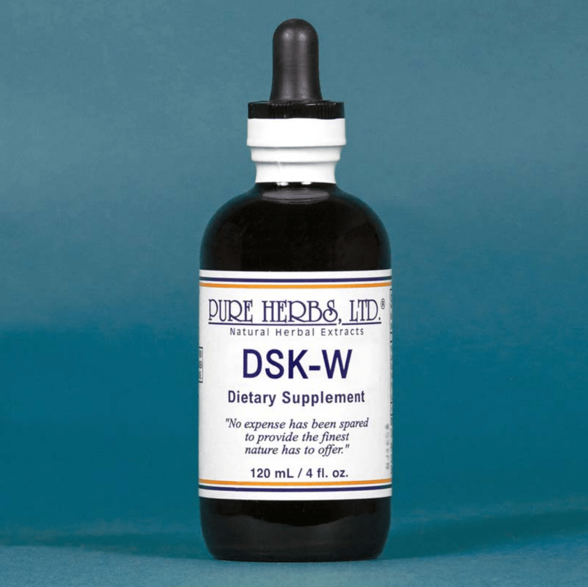 A dark amber glass dropper bottle of Pure Herbs Ltd. DSK-W dietary supplement, featuring a white label with blue text, set against a solid slate blue background.