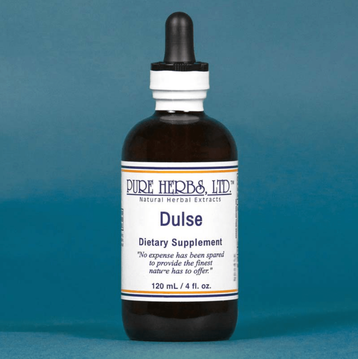 A 120 mL amber glass dropper bottle of Pure Herbs, Ltd. Dulse dietary supplement, featuring a white label with blue text and a black dropper cap, set against a solid slate blue background.