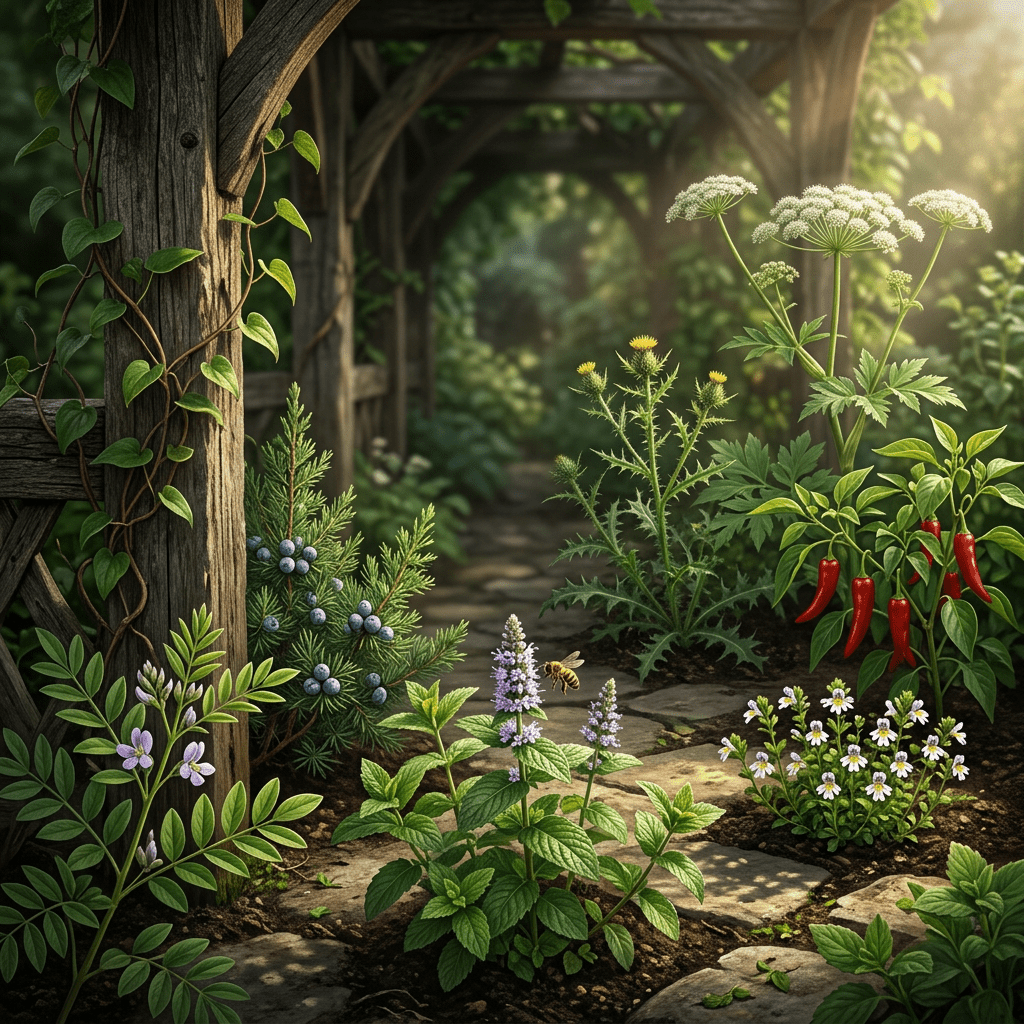 E & F-W botanicals in a sheltered herb garden