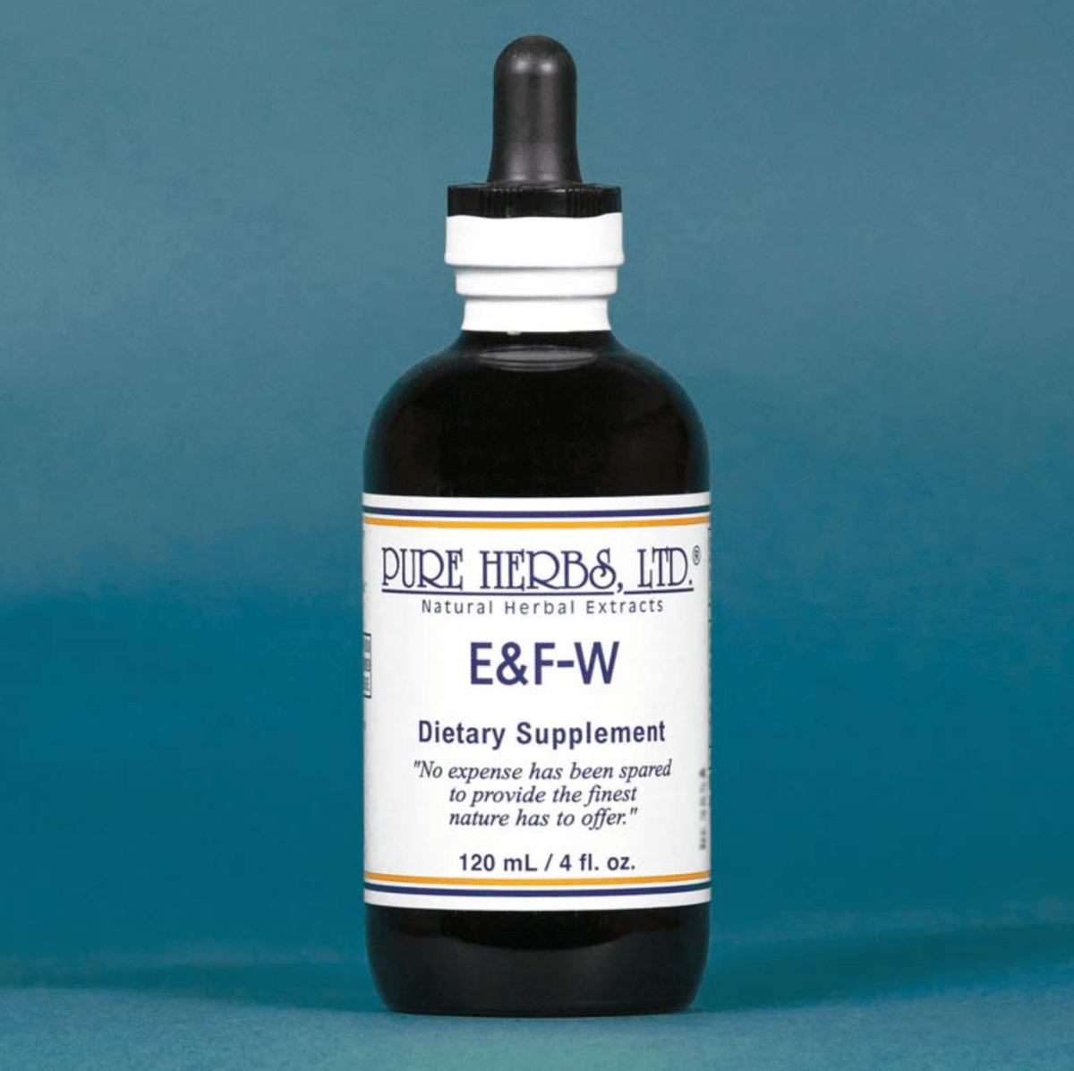 A 120 mL bottle of Pure Herbs Ltd. E&F-W dietary supplement, featuring a dark amber glass bottle, black dropper cap, and a white label with blue text, set against a solid teal-blue background.