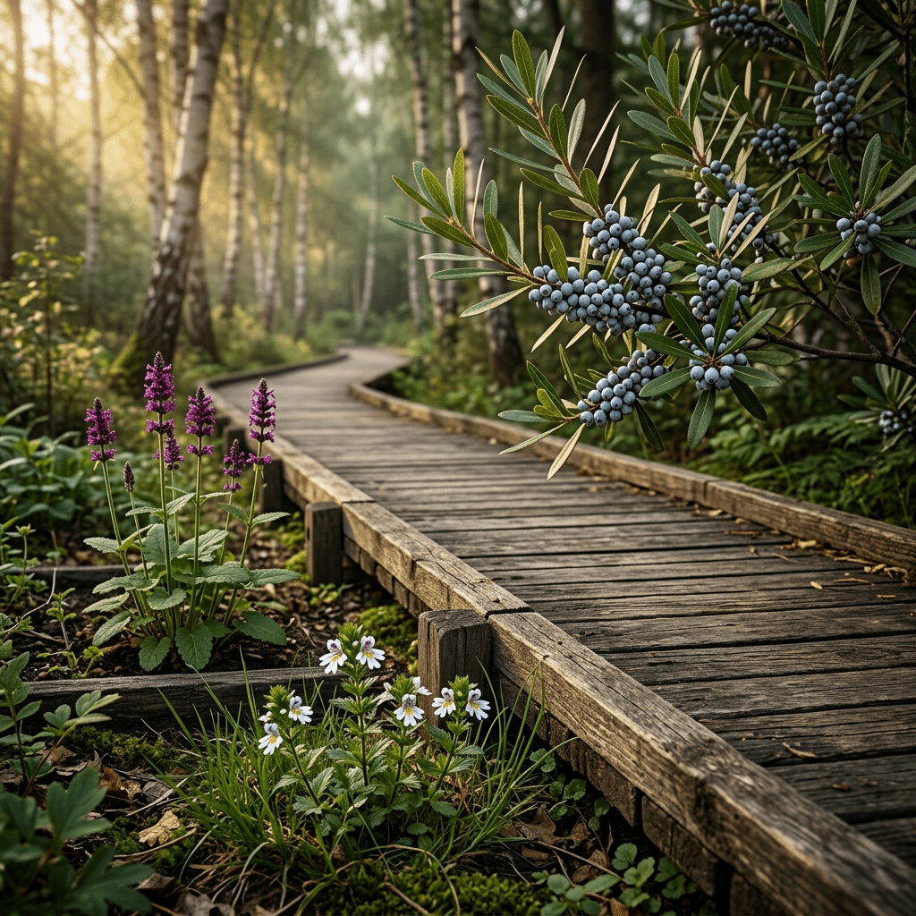 E-W botanicals beside a woodland-garden boardwalk