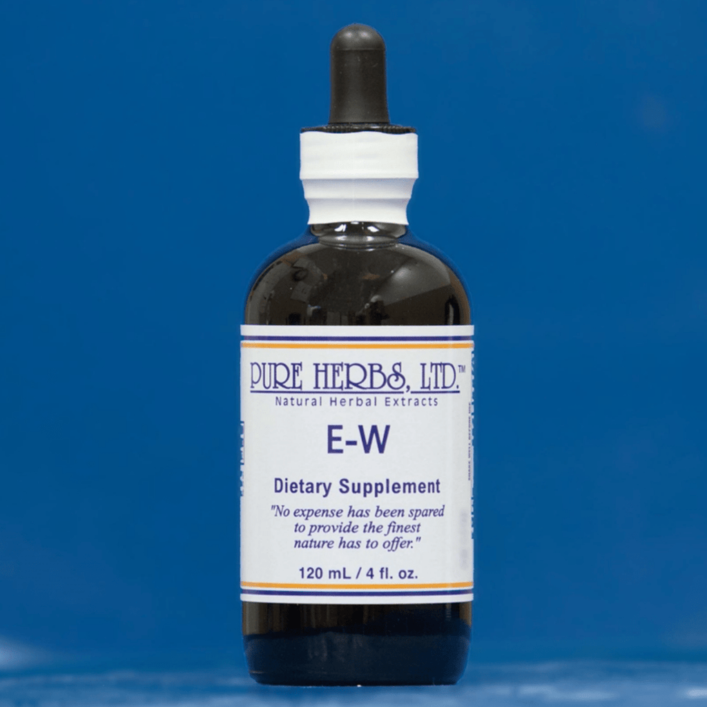 A 120 mL dark amber glass dropper bottle of Pure Herbs Ltd. E-W Dietary Supplement, featuring a white label with blue text and a black dropper cap, set against a solid blue background.