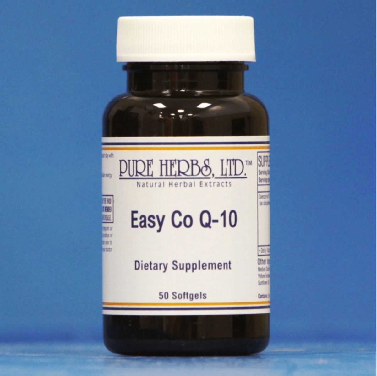 A dark amber bottle of Pure Herbs, Ltd. Easy Co Q-10 dietary supplement with a white cap and white label, set against a solid blue background.