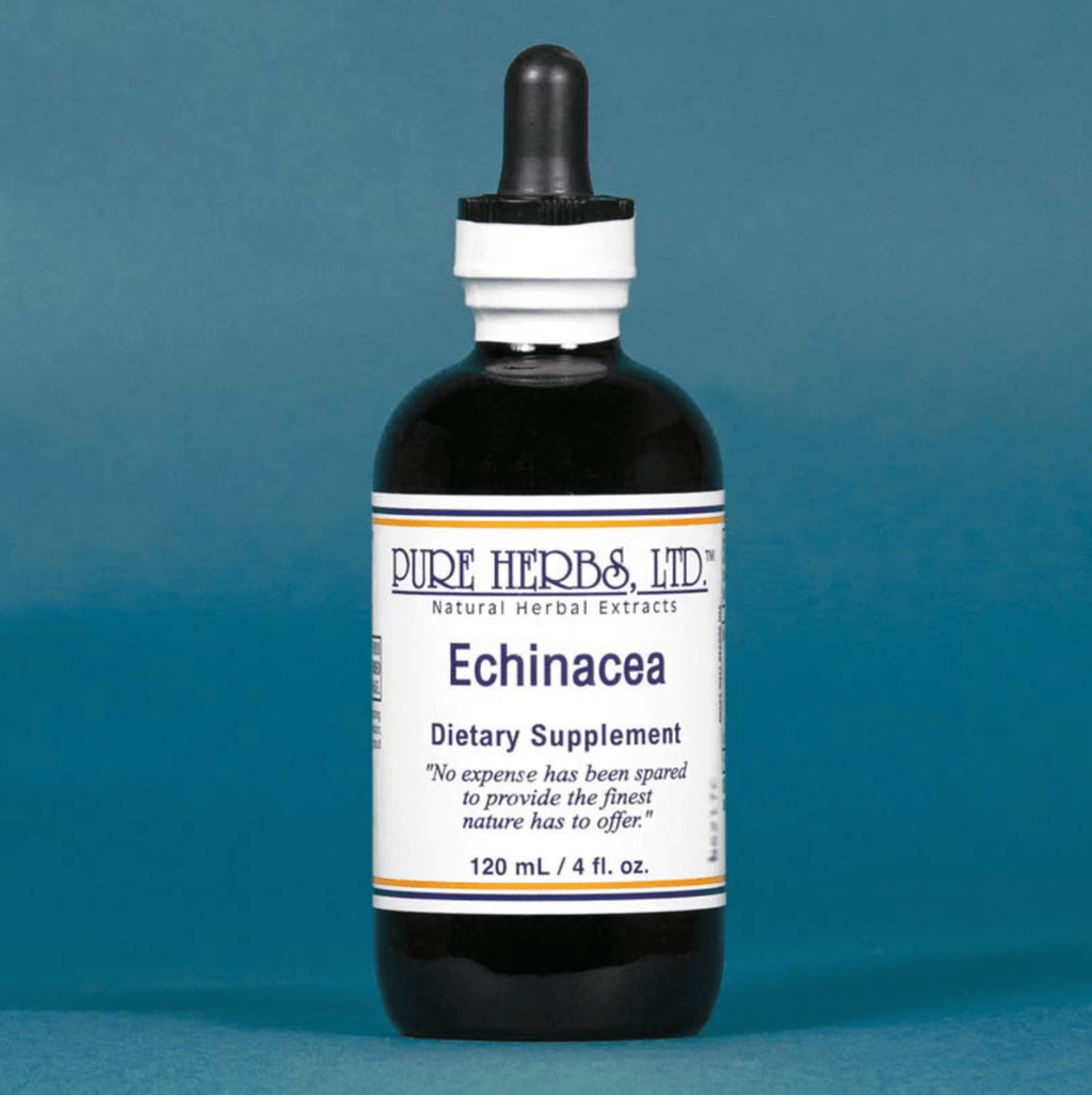 A dark amber glass dropper bottle of Pure Herbs, Ltd. Echinacea dietary supplement, featuring a white label with blue text, set against a solid slate blue background.
