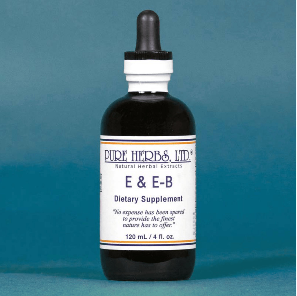 A dark amber glass dropper bottle of Pure Herbs, Ltd. E & E-B dietary supplement, featuring a white label with blue text, set against a solid teal-blue background.