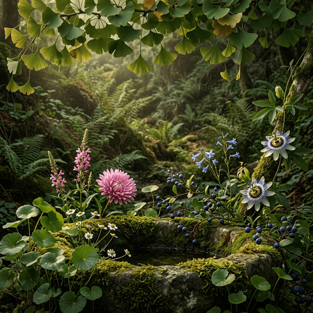 E&E-B-inspired botanicals beneath ginkgo branches