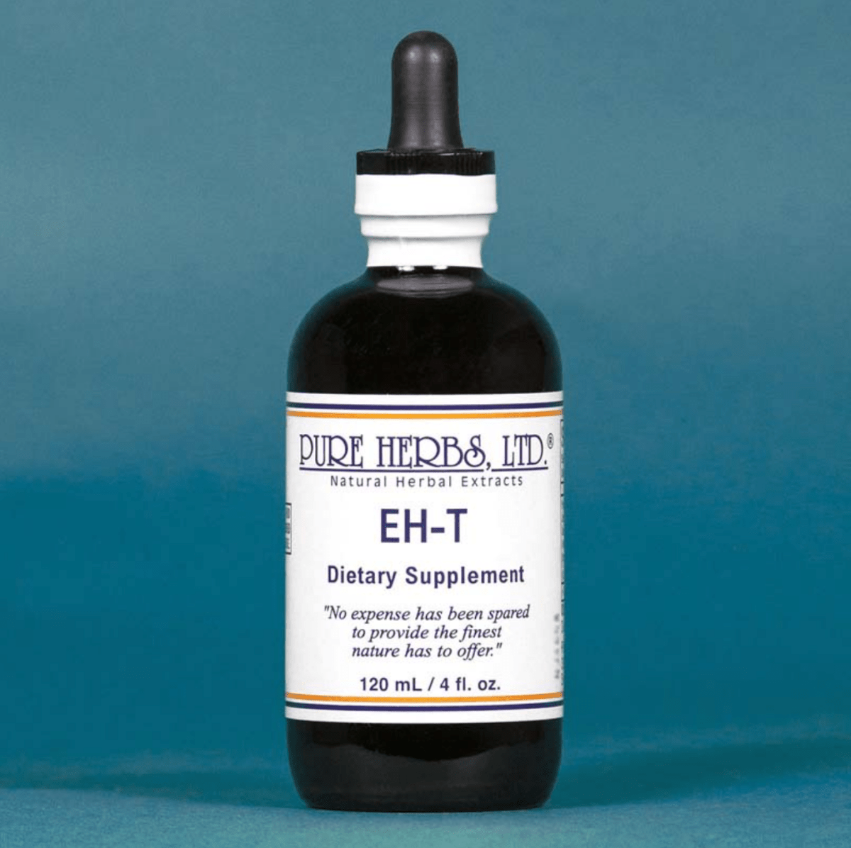 A dark amber glass dropper bottle of Pure Herbs Ltd. EH-T dietary supplement, featuring a white label with blue text, set against a solid blue background.