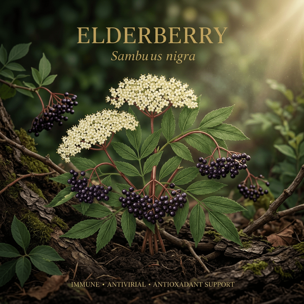Elderberry editorial image in golden woodland light
