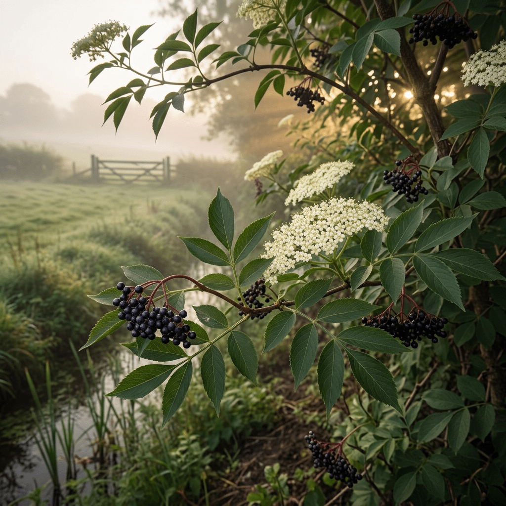 Elderberry growing along a misty hedgerow