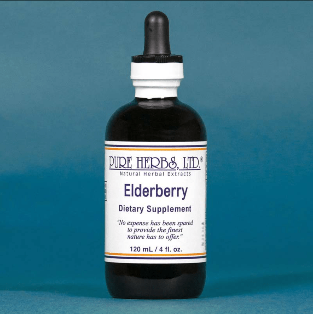 A bottle of Pure Herbs Ltd. Elderberry Dietary Supplement, featuring a dark amber glass bottle with a black dropper cap and a white label, set against a solid blue background.