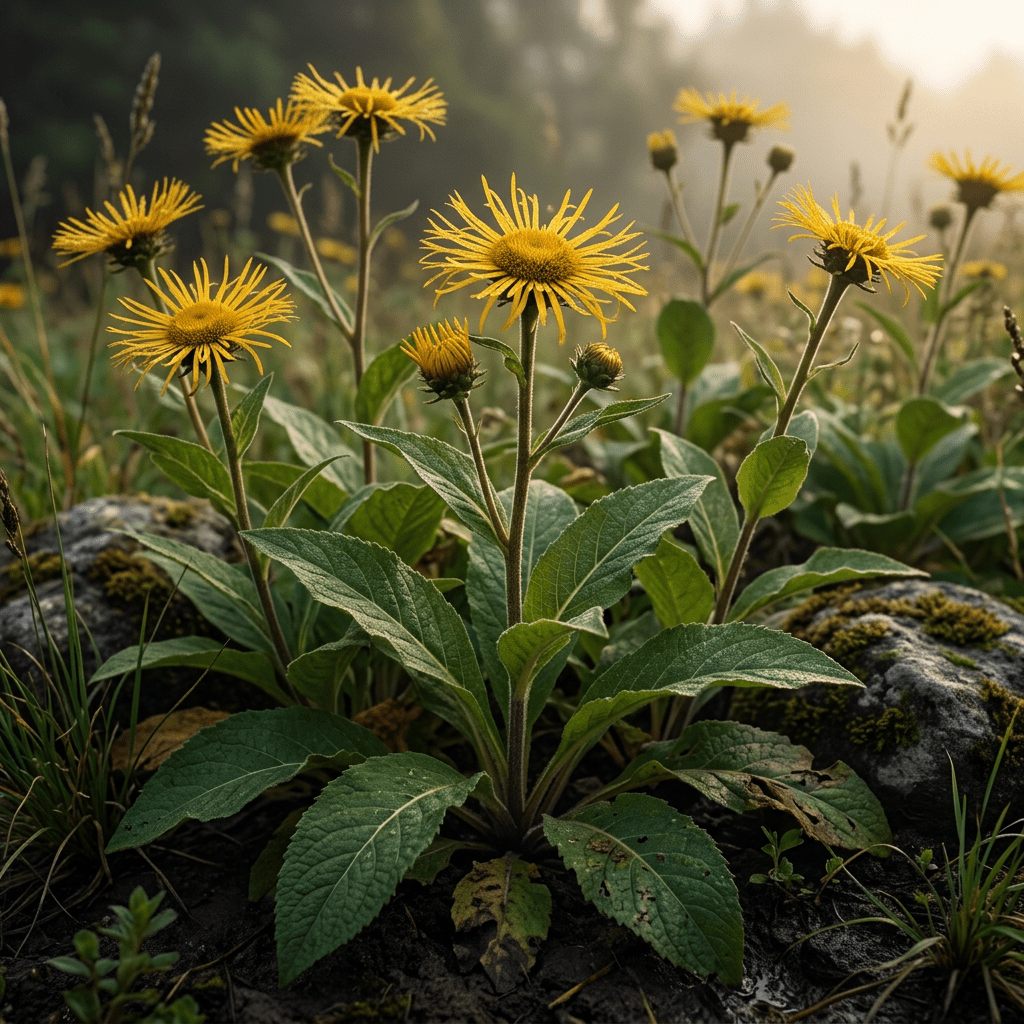 Elecampane growing naturally in a moody herb garden