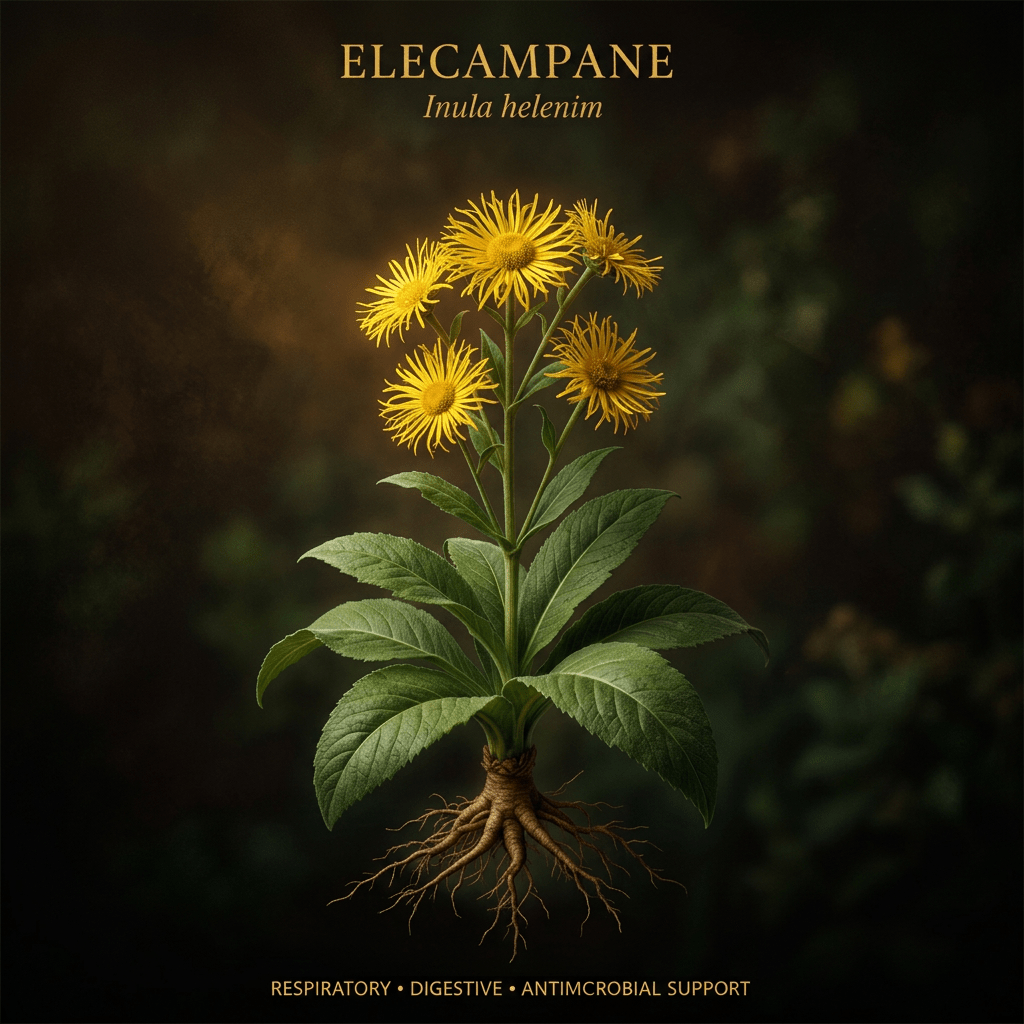 Elecampane botanical editorial image with gold serif text