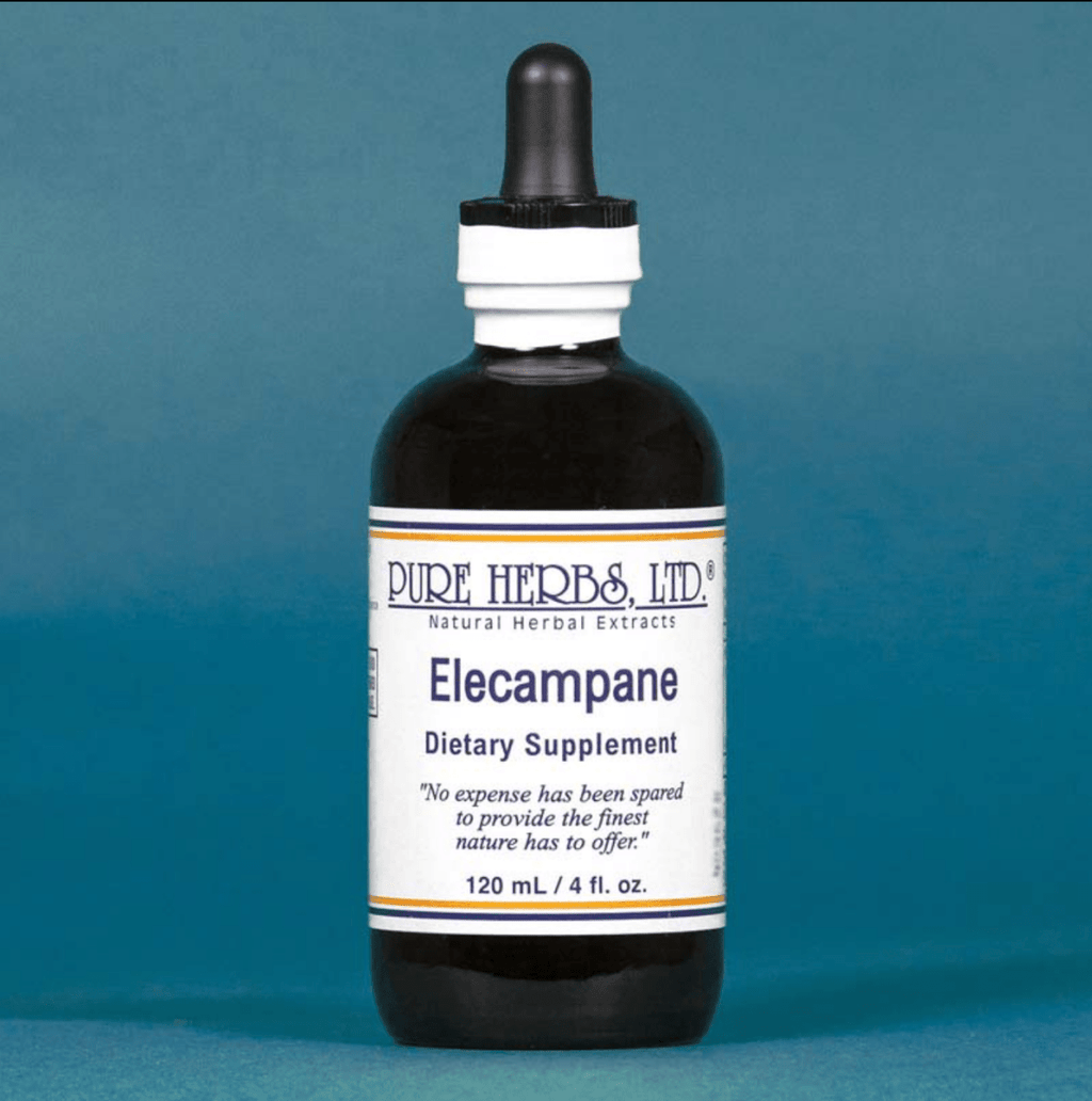 A bottle of Pure Herbs Ltd. Elecampane dietary supplement, featuring a dark amber glass bottle with a white label and a black dropper cap, set against a solid blue background.